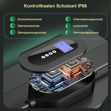 Зарядний пристрій (Wallbox) 11 кВт Type 2, CEE 16A, 6м, 3 фази, з лічильником електроенергії та таймером, для електромобілів (BEV/PHEV), Чорний