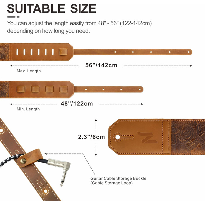 Шкіряний ремінь для гітари Nefelibata 2.3' з м'якою підкладкою (жовтий, тиснення) - для бас, електро та акустичної гітари