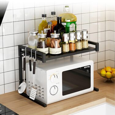 Стійка для мікрохвильової печі, 2-ярусна, чорна. Розширювана, з 6 гачками. Розміри: 36–57 x 36,5 x 80 см