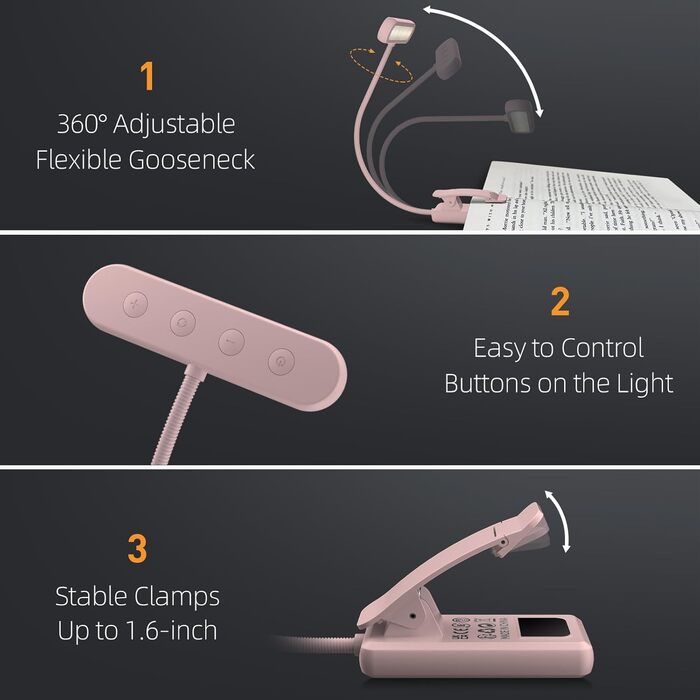 Ліхтарик для читання з кліпсою, USB-C, 3 кольори, 10 рівнів яскравості, гнучкий тримач, дитячий, рожевий (2 шт)
