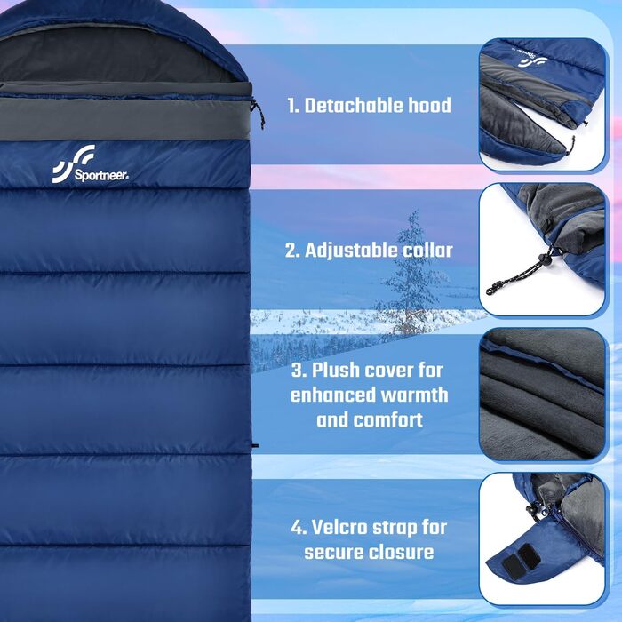 Спальний мішок зимовий XXL 230x90 см з капюшоном та підкладкою Kristallsamt для дорослих, -5°C