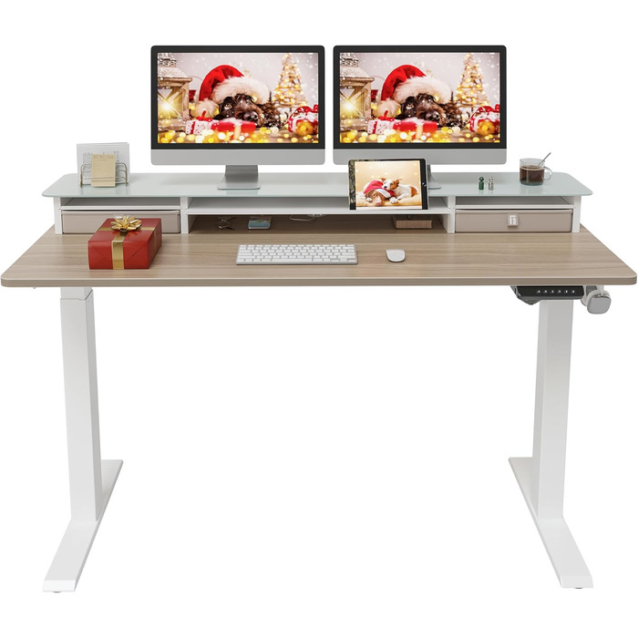 FEZIBO Electric Standing Desk with 2 Drawers - 140x60cm, Memory Control, Anti-Collision System, Light Brown Woodgrain