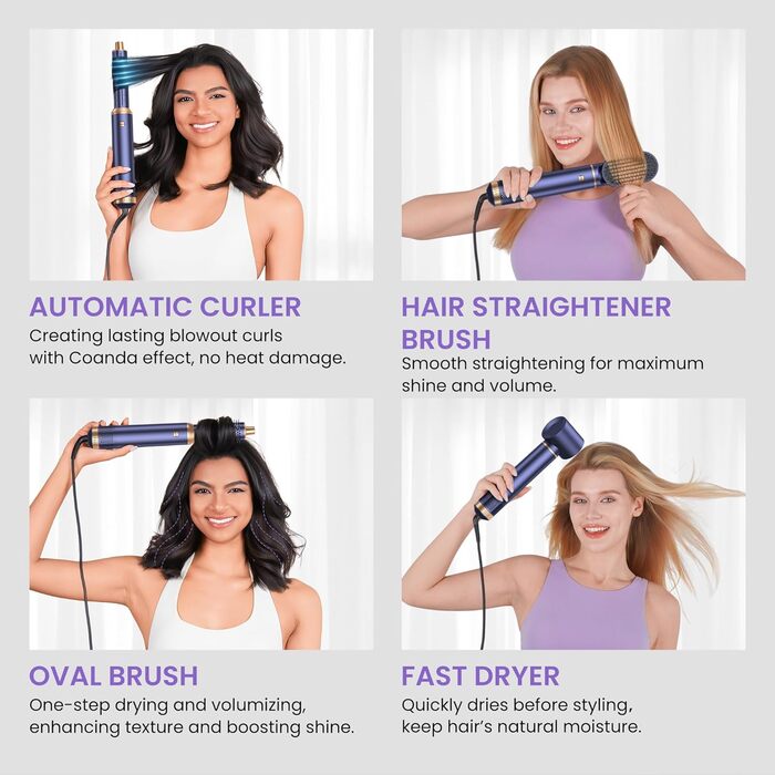 Фен-щітка 5 в 1 Airstyler Pro 1000W з регулюванням напрямку повітря, іонізація, для створення об'єму, локонів та укладання волосся, Blaugold