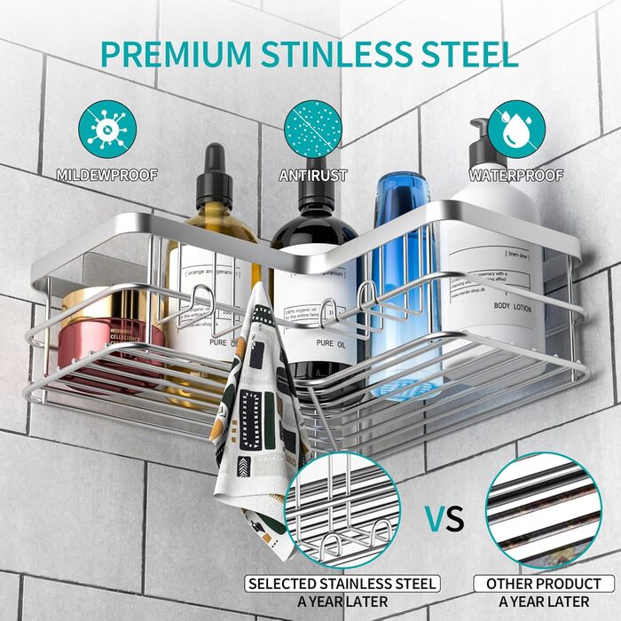 Дзеркальна поличка для душу Yazoni без свердління (2 шт.) - кутова поличка з гачками, нержавіюча сталь, срібна