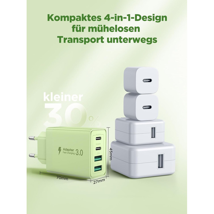 Мережевий адаптер Aioneus USB-C з 4 портами, 40W, PD 3.0, білий (1 шт., світло-зелений)