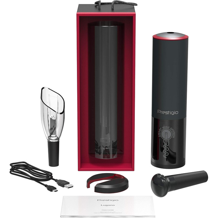 Premium Electric Corkscrew - with Charging Station - Integrated Foil Cutter - Packaged in a High-Quality Gift Box - Black/Silver (Lugano - Matte Black)