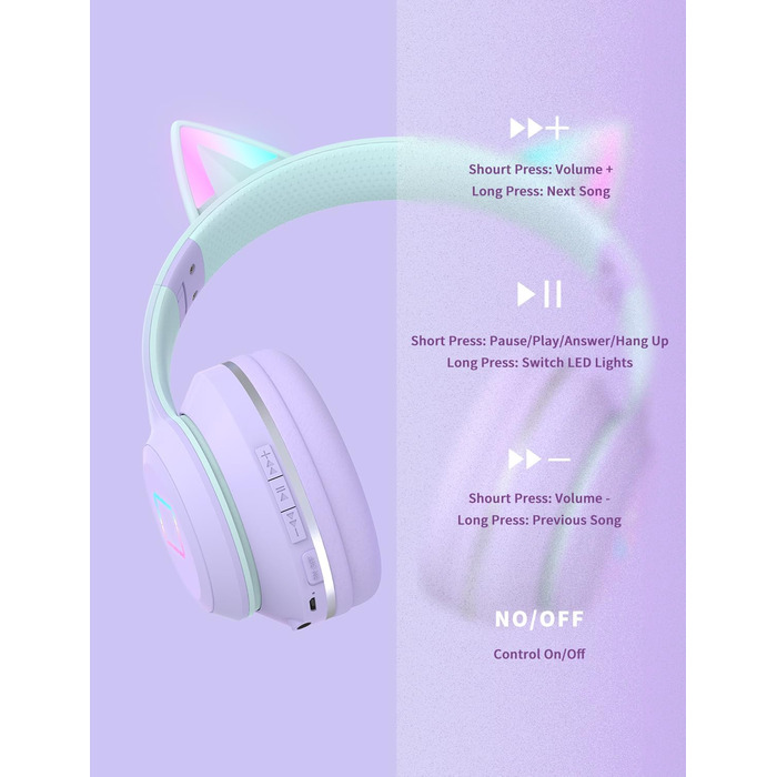 Бездротові навушники Bluetooth для дітей з LED-підсвіткою, котячими вушками та мікрофоном, HD Stereo, складна конструкція, регульоване наголов'я, для дівчаток, фіолетовий колір