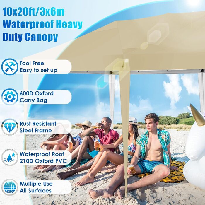 COBIZI Pavilion - Waterproof, Stable, Winter-Proof, Foldable, Pop-up Party Tent, Garden Pavilion for Beach Wedding, with 4 Side Panels, UV Protection 50+, Adjustable Height (Khaki, 3x4m)
