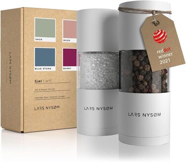 LARS NYSØM Salt and Pepper Mill Set made of Stainless Steel with Adjustable Ceramic Grinder 2 Pieces | Manual Spice Mills with High-Quality Design (2 pcs) (Pure White)