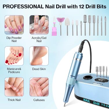 Електрична шліфувальна машинка для нігтів, професійна, 40000 об/хв, LCD манікюр/педикюр, набір з багатофункціональною базою, портативна, з підсвічуванням, сенсорне керування (Світло-блакитний)