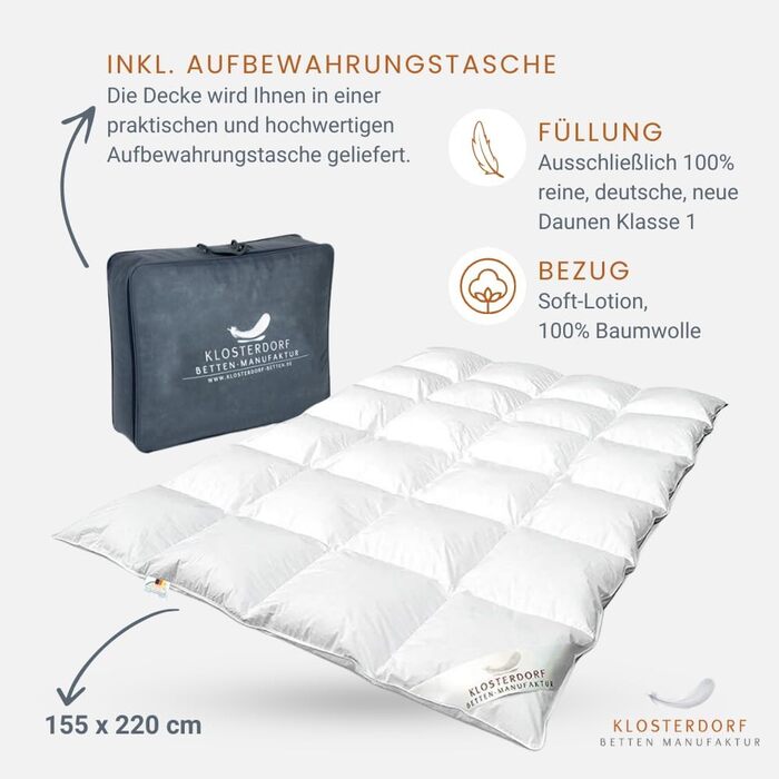 Klosterdorf Bed Manufacturing Premium All-Season Duvet | ''Heimatliebe'' (Home Love) | 155x220 cm | 600 grams | LIGHTWEIGHT | Down Duvet | Comforter | Handcrafted in Germany | For a healthy sleep | 100% pure new German down Class I 155x220 cm / 600 grams