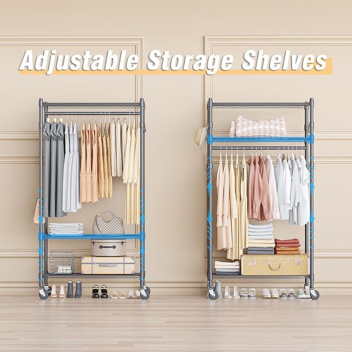 Double Clothes Rack/Garment Rod with Adjustable Shelves, Heavy-Duty Clothes Rack with 2 Hooks, Clothes Rack with Wheels, 90 * 42 * 205cm, White (Gray, 60*42*205cm)