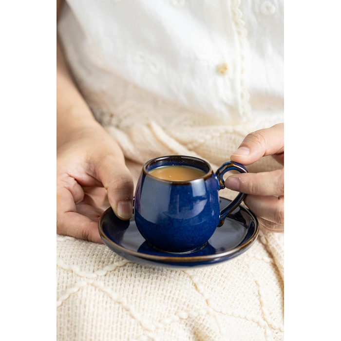 Набір чашок для еспресо LYEOBOH з підставками, 85 мл, 6 шт., кераміка, білий (кобальтовий блакитний)