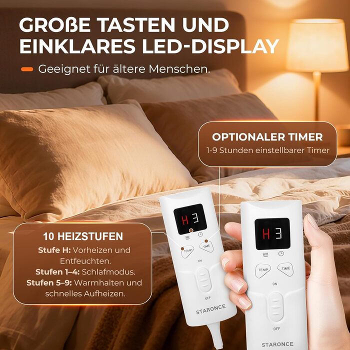 Електрична ковдра StarOnce 160x140 см для двоспального ліжка - тепла ковдра з 10 рівнями нагріву, автовимкненням, 2 пультами дистанційного керування та захистом від перегріву - біла, можна прати в пральній машині