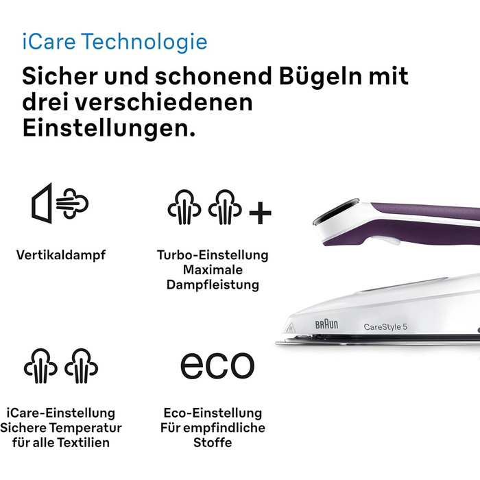 Braun Household CareStyle 5 IS5247 VI Steam Station - Steam Iron with FreeGlide 3D Soleplate, iCare Mode, Vertical Steaming, Detachable 2L Water Tank, 500 g/min Steam Boost, 2400W, Violet