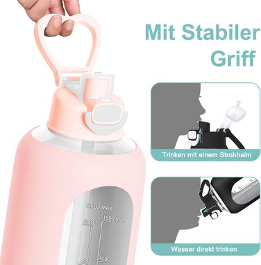 2 Liter Glass Drinking Bottle, 2L Glass Bottle, Glass Water Bottle with Straw, Bottle Brush (Pink)
