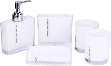 5-Piece Bathroom Accessories Set includes emulsion bottle, toothbrush holder, 2 rinsing cups, soap dish, plastic gift bath set, white