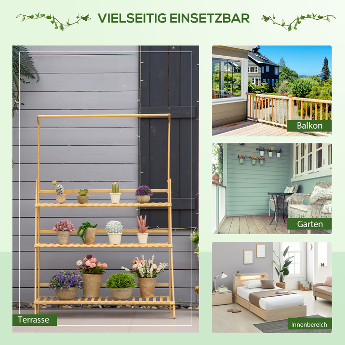 Outsunny Wooden Flower Ladder Shelf - Adjustable Height Plant Stand, Hanging Bamboo Natural Indoor/Outdoor Decor, 100 x 40 x 143 cm