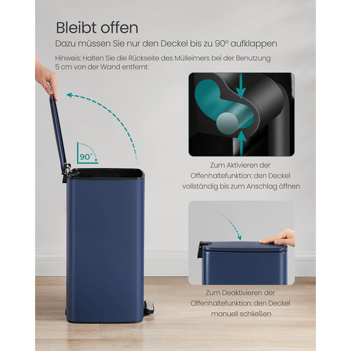 Відро для сміття SONGMICS з педаллю, 30 л, сталеве, з внутрішнім відром, Soft-close, LTB592E01 (темно-синій)