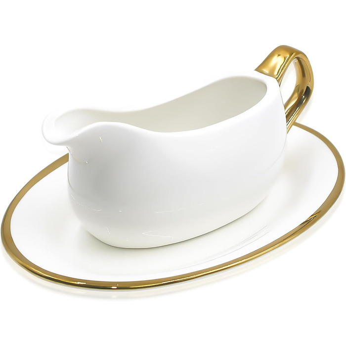 Cheardia Saucepan with Tray, 400 ml, white ceramic saucepan with gold trim, ergonomic handle and large drip-free spout for salad dressings, cream, broth, black pepper