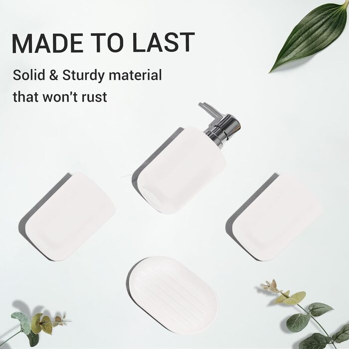 Набір аксесуарів для ванної кімнати (4 шт) з пластику: тримач для зубних щіток, стаканчик, дозатор мила, мильниця. Білий колір