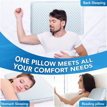 Подушка з піни Memory Foam для сну на животі та спині, ультратонка 40x60 см, знімний чохол, ортопедична, синьо-біла