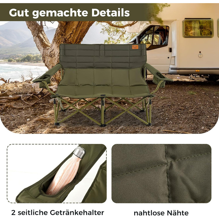 Крісло для кемпінгу на 2 особи Costway, розкладне, з регульованими підлокітниками, тримачами для напоїв та сумкою, вантажопідйомність 272 кг, для відпочинку, риболовлі, пікніків (зелене)