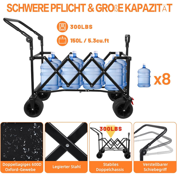 3 в 1 вагончик-тележка складний з гальмами, 150л, 136кг, чорний