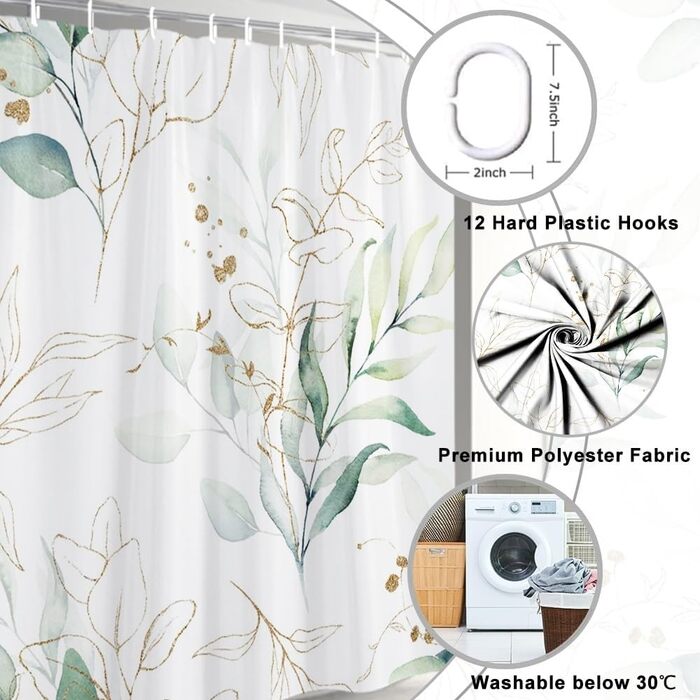 Штора для душу 180x220 см, Евкаліпт, зелені листя, анти-грибок, акварель, рослини, водонепроникна, поліестер, з гачками для ванної кімнати