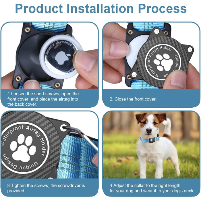 Світловідбиваючий нашийник для Apple AirTag для собак, регульований, водонепроникний, для малих, середніх та великих собак, розмір L (S 27-34.5 см), блакитний