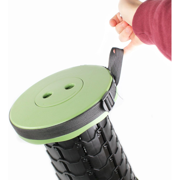 Стілець-телескоп складний Fishtec, регульована висота 6-44,5 см, ABS-пластик, вантажопідйомність 130 кг, портативний 1,28 кг, Ø25,5 см, з плечовим ременем, для кемпінгу, риболовлі, пікніка, чорно-зелений