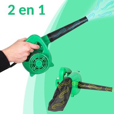 Fishtec - Mini Leaf Blower Electric - Reversible to Vacuum with Collection Bag - Cable Length 180 cm - 500 W - 40 cm - Green - Compact, Practical and Lightweight - Garden