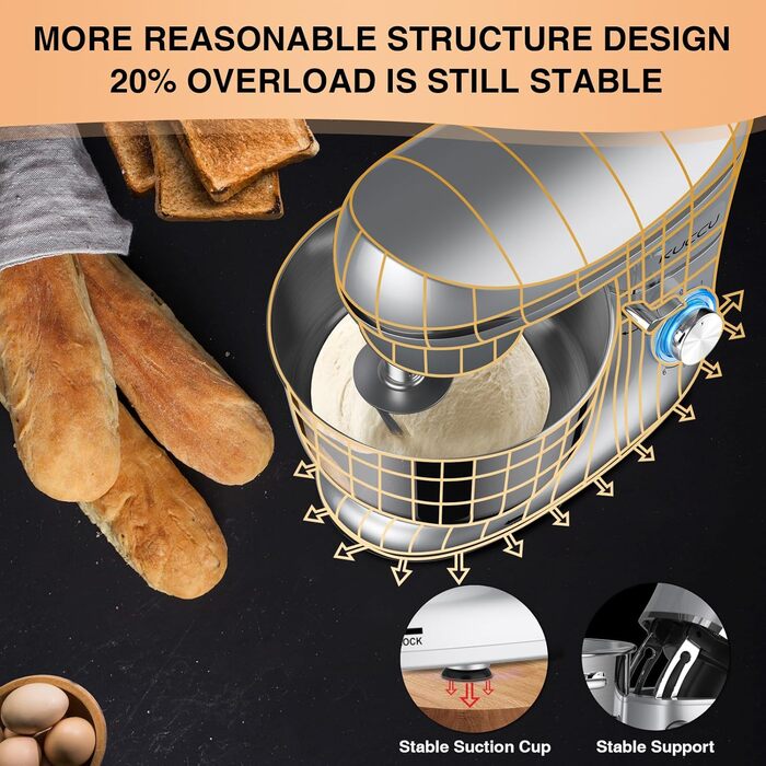 Кухонний комбайн-міксер 1500W з чашею з нержавіючої сталі 7л, планетарний міксер для тіста з 6 швидкостями та набором насадок (гак, вінчик, міксер), сріблястий