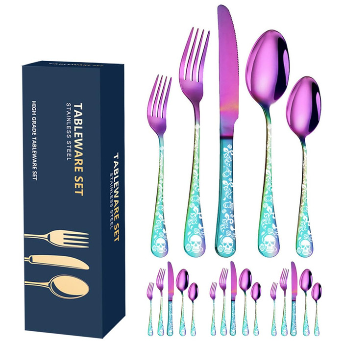 Набір столових приборів Xiaoyu Готичний Череп 20 предметів на 4 особи, квітковий візерунок скелета, ніж/виделка/ложка для Хеллоуїну, райдужний