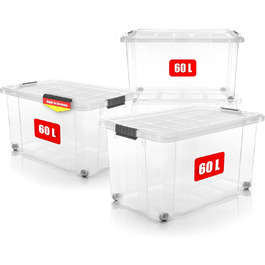 BigDean 4-Piece 60L Storage Boxes with Lid Large Steel - Stackable, Robust Box, BPA-Free - Rollable Storage Box with Secure Click Closures - Made in Germany (White)