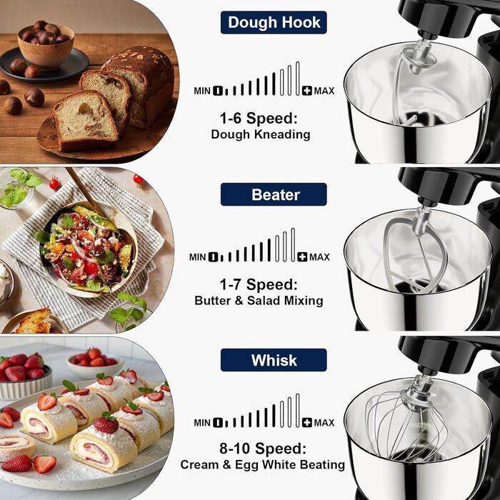 Кухонний комбайн-міксер Camic з LED-дисплеєм, 10 швидкостей, 3 насадки (вінчик, міксер, гак) та 2 чашами з нержавіючої сталі 4л і 5л для тіста, хліба та тортів, чорний