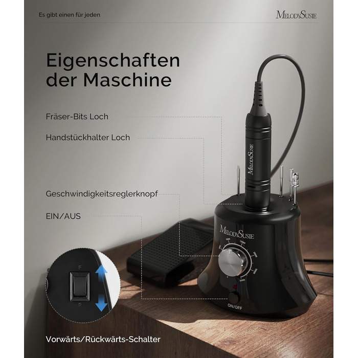 Електричний фрезер для нігтів MelodySusie 30000 об/хв: професійний набір для манікюру та педикюру з педалем. Підходить для гелю та акрилу.