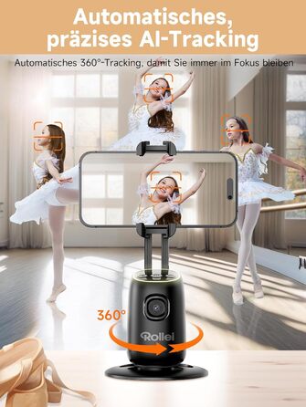 Rollei Easy Creator Desktop: Стабілізатор відео для смартфонів з AI-трекінгом, 360° обертання, вбудований акумулятор, для TikTok Live Streaming