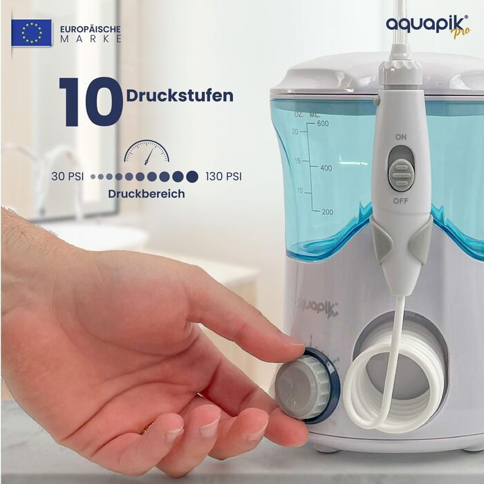 Іригатор для порожнини рота Munddusche PRO | Aquapik® | Професійне очищення зубів, видаляє наліт, рекомендовано стоматологами, для імплантів та брекетів | 8 насадок, 10 рівнів тиску, 600 мл (Білий)