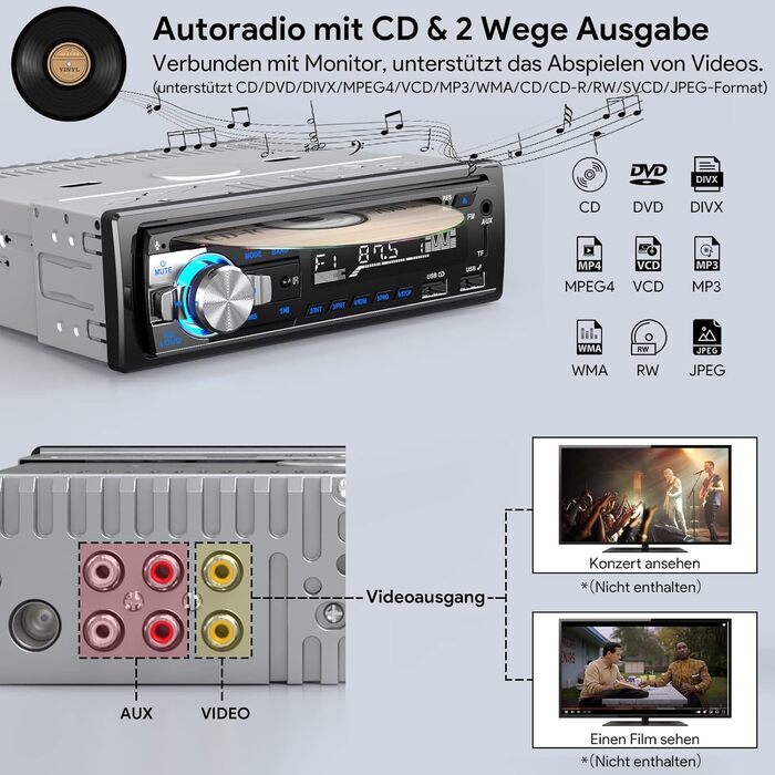 Автомагнітола CENXINY 1 DIN з Bluetooth, CD, RDS, FM/MP3, 2 USB для музики та зарядки, гучний зв'язок