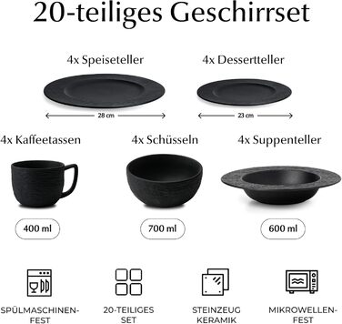 MIAMIO Набір посуду 16 предметів Oasis (Чорний) - Сучасний керамічний сервіз для 4 осіб