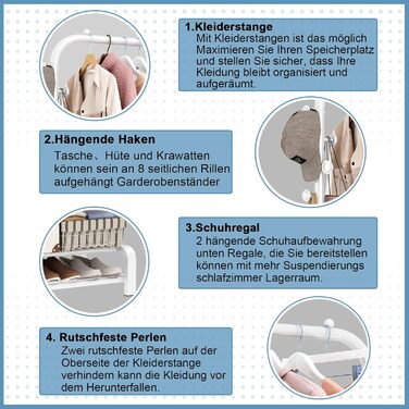 Clothes Rack, Coat Rack Stable Clothes Rod with 6 Hooks and 2 Shoe Shelf Storage Shelf, Bedroom Clothes Rack Freestanding Clothes Rail, (White)