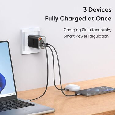 Мсдодо зарядний пристрій USB-C 67W з висувним кабелем, мережевий адаптер, швидка зарядка GaN, 3 порти, LED дисплей, чорний