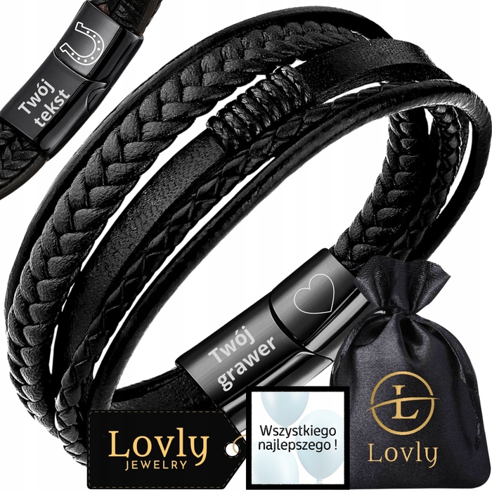 Чоловічий шкіряний браслет із нержавіючої сталі 316L, чорний Premium, з гравіюванням