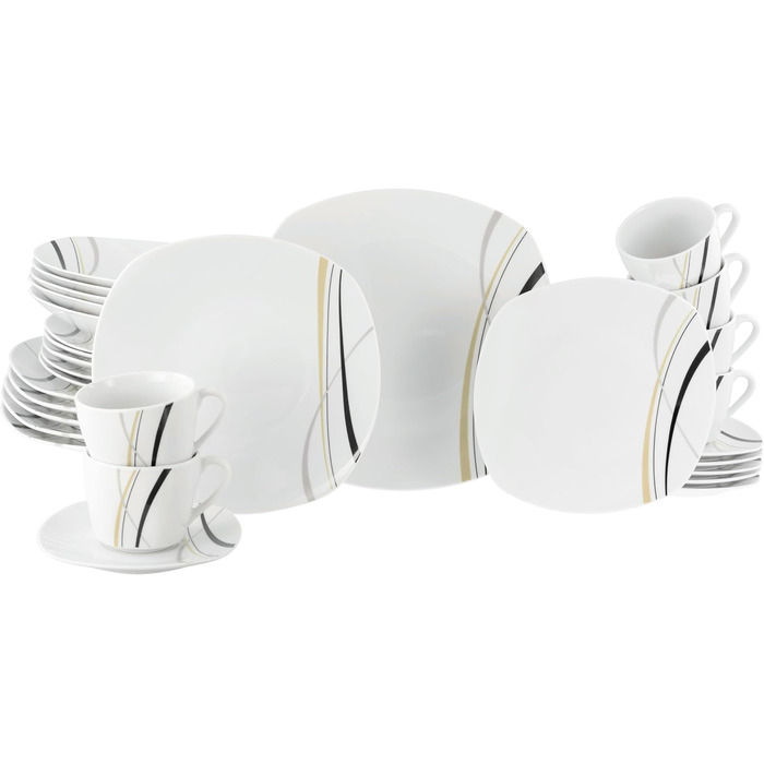 CreaTable Geschirrset Square City Line: 12-teilний сервіз для 6 осіб з порцеляни, сумісний з мийною машиною та мікрохвильовою піччю