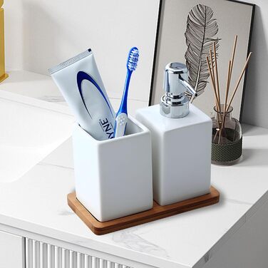 Bathroom Accessories, 3-in-1 Bathroom Set, Soap Dispenser, Ceramic Toothbrush Holder, and Bamboo Tray, Ceramic Material, White, for Bathroom, Sink, Bathtub, Reusable Shampoo