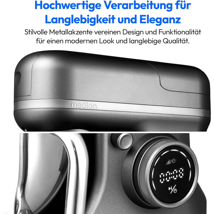Кухонна машина MEDION MD18430: 3-в-1 (міксер, м'ясорубка, тістоміс), 5 л чаша з нержавіючої сталі, 1200 Вт, цифровий дисплей, чаша для льоду, титан