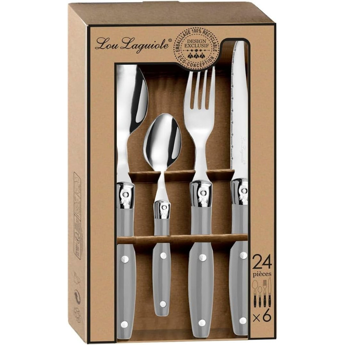 Набір ножів для стейка Laguiole 24 шт. | Набір столових приборів на 6 осіб | Столові ножі з хвилястим лезом (Темно-сірий)
