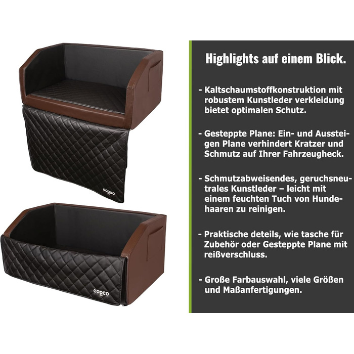 CopcoPet Автомобільне ліжко для собак у багажник 100x80x38см, штучна шкіра, захист багажника, водовідштовхувальне, стійке до подряпин, з захисним покриттям, антиковзаюче, міцне, з системою ременів (Коричневий/Чорний)