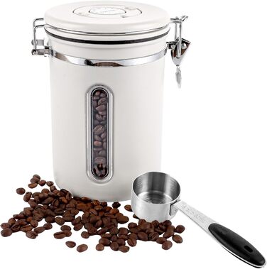 Контейнер для кави 1800 мл з прозорим вікном, з нержавіючої сталі, з ложкою, білий, для кавових зерен, чаю, горіхів, какао
